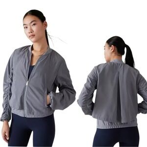 Athleta Gray Bomber Jacket Ruched Sleeve Lightweight Athleisure Size M